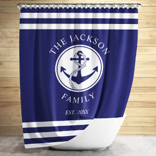 Rideaux De Douche Elegant Nautical Navy Blue Anchor Family Name