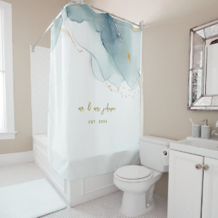 Rideaux De Douche Élégant Nautique Dusty Blue Gold Couple Mariage