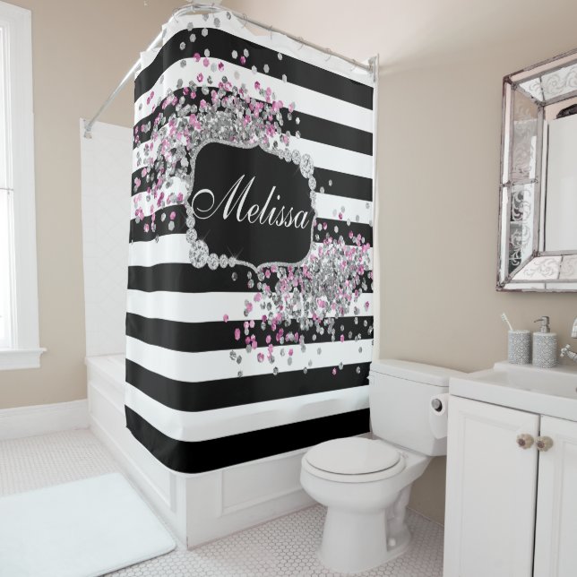 Rideaux De Douche Élégant noir blanc rayures diamant rose étincelles (En situation)
