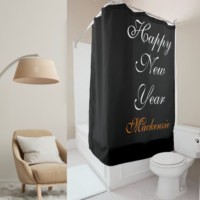 Rideaux De Douche Elégant noir et blanc Bonne année Nom personnalisé (Créateur téléchargé)