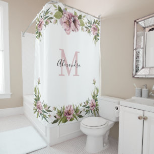 Rideaux De Douche Elégant nom personnalisé monogramme rose fleurie p