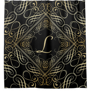 Rideaux De Douche Élégant or Foil Look Scrollwork Script sur noir