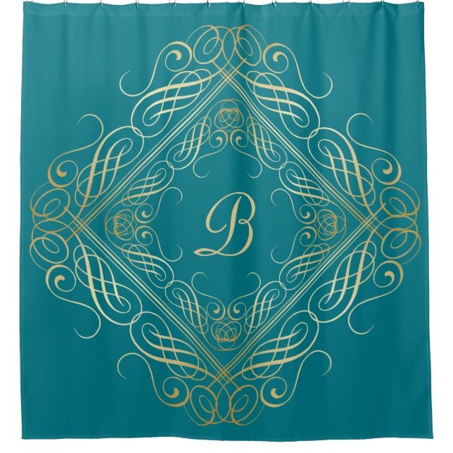 Rideaux De Douche Élégant or Foil Look Scrollwork Script sur Turquoi (Devant)