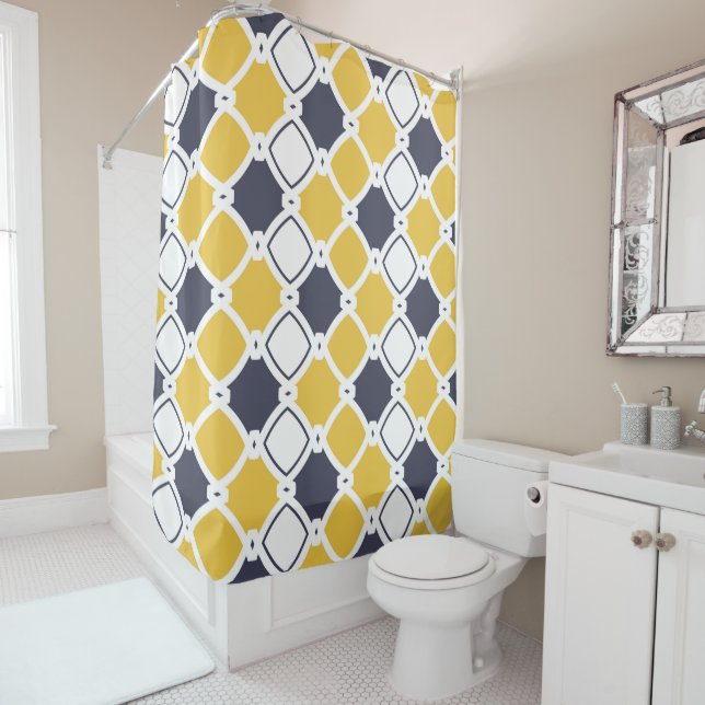 Rideaux De Douche Élégant ornemental, blanc, bleu marine, jaune (En situation)