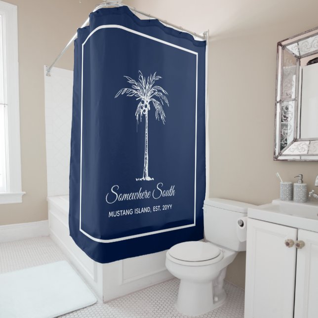 Rideaux De Douche Elégant Palmier Blanc Bleu Personnalisé (En situation)
