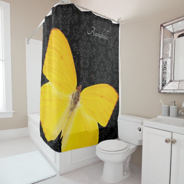 Rideaux De Douche Elégant Papillon jaune Noir Damas Ajouter un nom (En situation)
