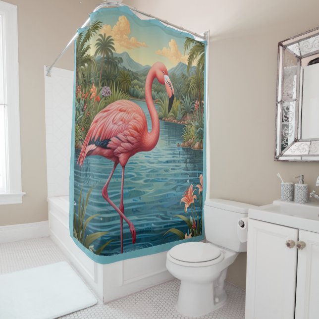 Rideaux De Douche Élégant paradis tropical flamand rose (En situation)