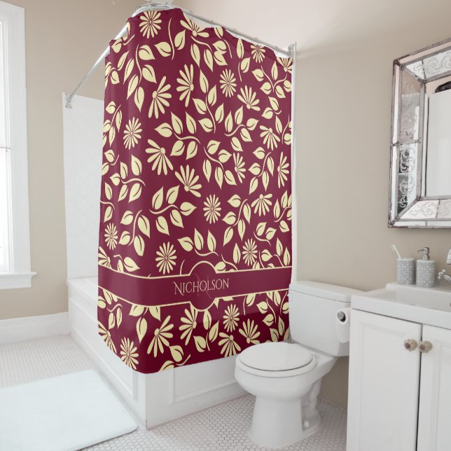 Rideaux De Douche Élégant Pastel Jaune Feuille Daisies Bourgogne (En situation)
