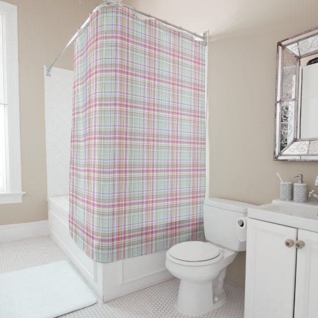 Rideaux De Douche Élégant Pastel rose et vert Plaid Motif (En situation)
