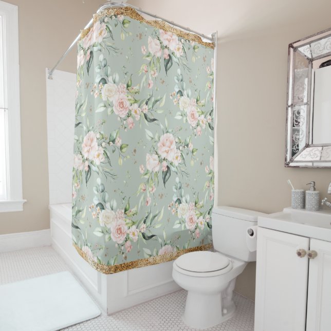 Rideaux De Douche Elégant Pink Blush Gold Eucalyptus Sage (En situation)