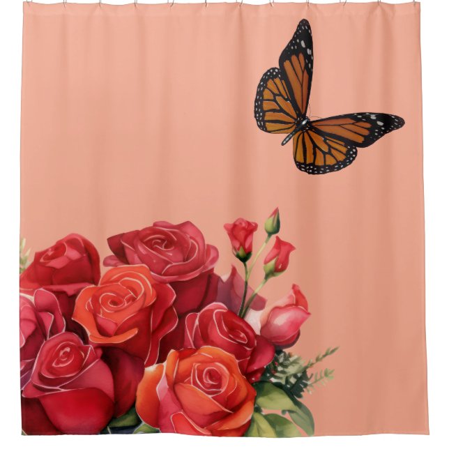 Rideaux De Douche Elegant Pink Red Roses & Butterfly Shower Curtain (Devant)