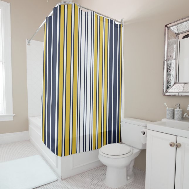 Rideaux De Douche Elégant, rayures, bleu marine, jaune moutarde, bla (En situation)