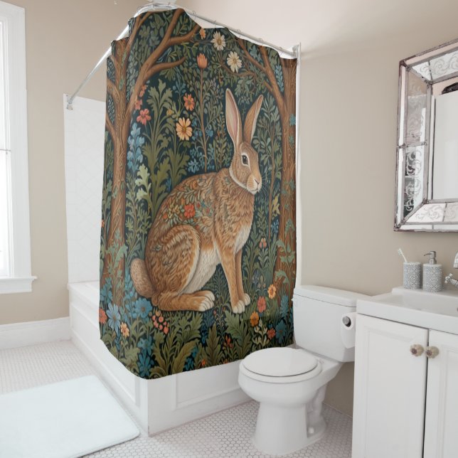 Rideaux De Douche Élégant retro lapin boisé boisé fleuri (En situation)