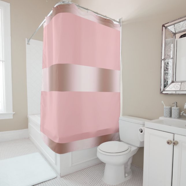 Rideaux De Douche Elégant rose chick moderne or & bande rose (En situation)