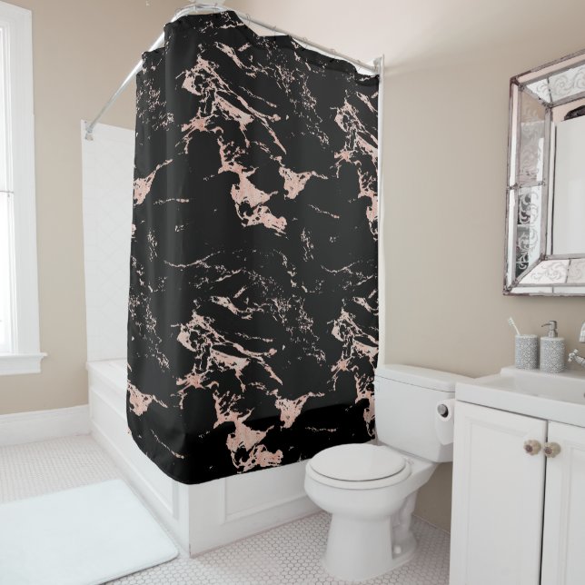 Rideaux De Douche Élégant Rose Gold Foil Marbre noir (En situation)