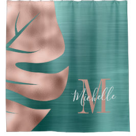 Rideaux De Douche Élégant Rose Gold Green Palm Leaf Monogramme