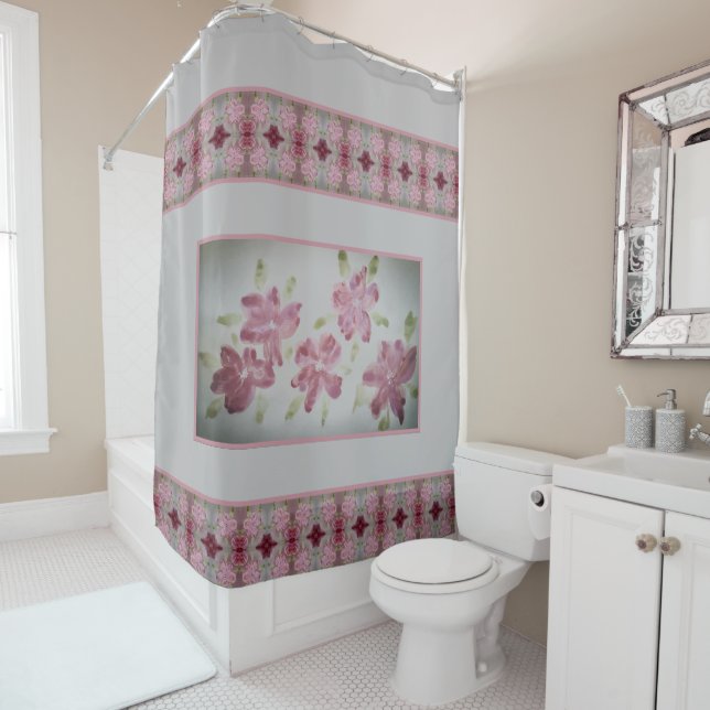 Rideaux De Douche Elégant rose gris et bordeaux (En situation)