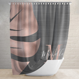 Rideaux De Douche Élégant Rose or noir palme feuille Monogramme