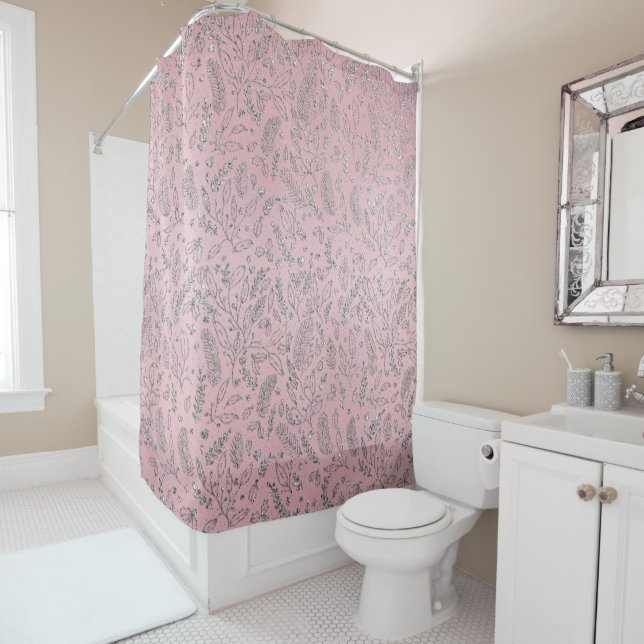 Rideaux De Douche Élégant rose pâle Parties scintillant argent Motif (En situation)