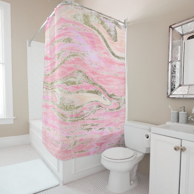 Rideaux De Douche Elégant rose Parties scintillant argent  marbre Mo (En situation)