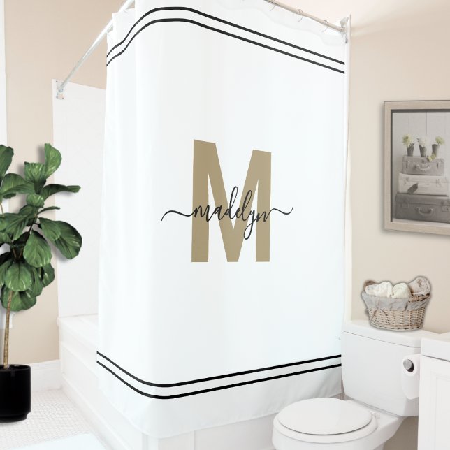 Rideaux De Douche Élégant Script Or Blanc Monogramme Nom Féminin (Elegant Script White Gold Monogram Name Feminine Shower Curtain)