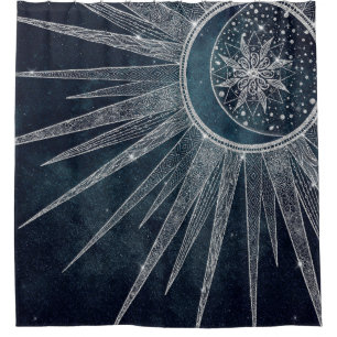 Rideaux De Douche Elégant Silver Sun Moon Doodle Mandala Blue Design