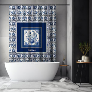 Rideaux De Douche Élégant Toile de Jouy Floral Bleu Monogramme