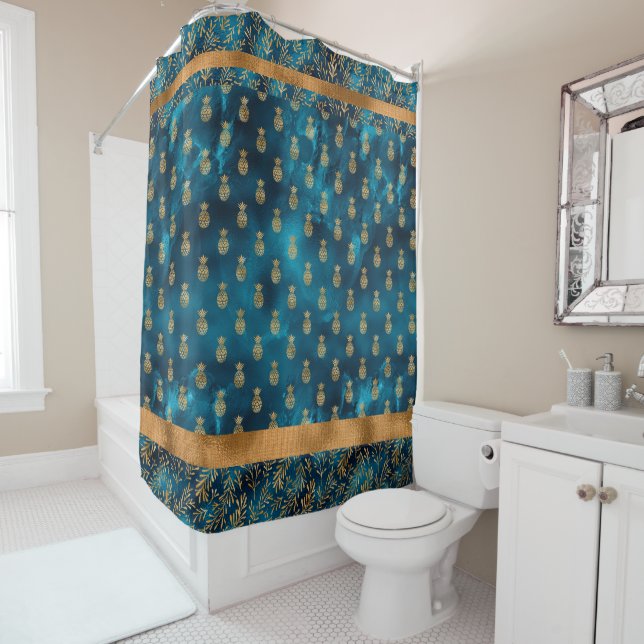 Rideaux De Douche Élégant Turquoise Turquoise Gold Pineappy Motif (En situation)
