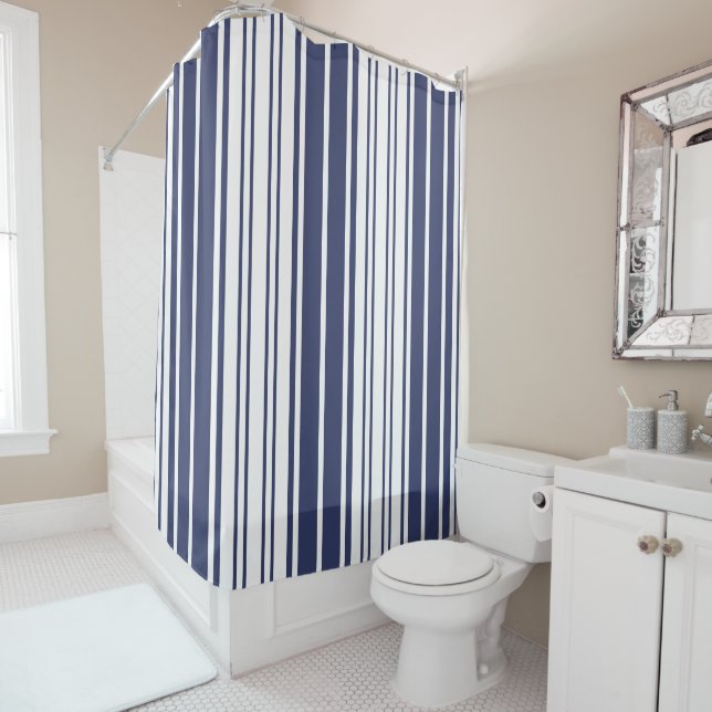 Rideaux De Douche Élégant, vertical, rayures, bleu marine, blanc (En situation)