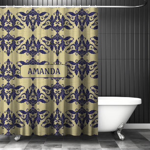 Rideaux De Douche Elégant vintage damassé marine bleu jaune monogram