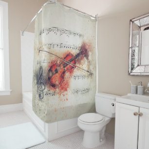 Rideaux De Douche Élégant Violon Aquarelle Rouille Crème Noir