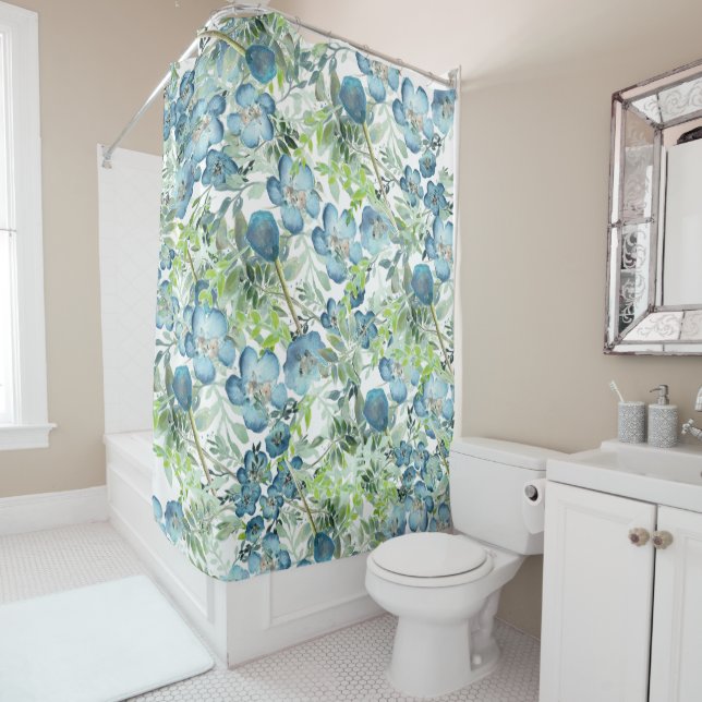 Rideaux De Douche Elégante aquarelle bleue motif floral (En situation)