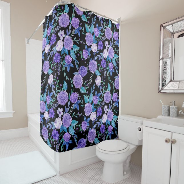 Rideaux De Douche Elégante aquarelle Bouquet floral violet| (En situation)