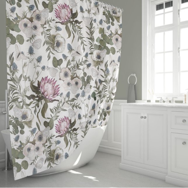 Rideaux De Douche Elégante aquarelle florale (Romantic Floral Elegance Protea Anemones Thistles Shower Curtain from Studio Posies.)