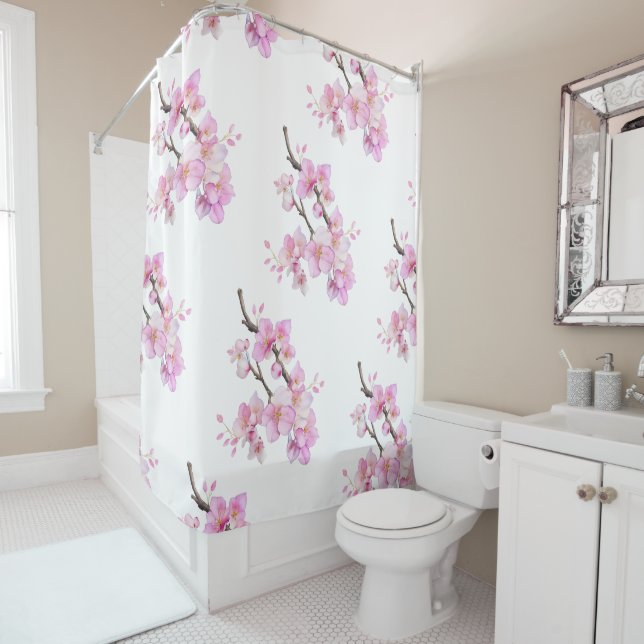 Rideaux De Douche Elégante aquarelle rose fleurs de cerisier (En situation)