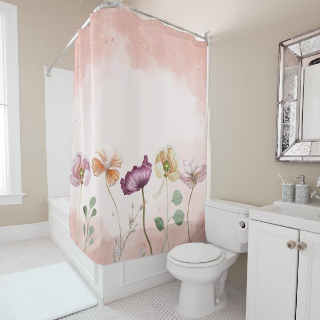 Rideaux De Douche Elégante aquarelle rose Floral (En situation)