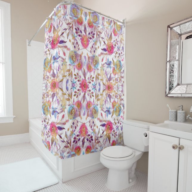 Rideaux De Douche Elégante aquarelle rose floral et blanc (En situation)