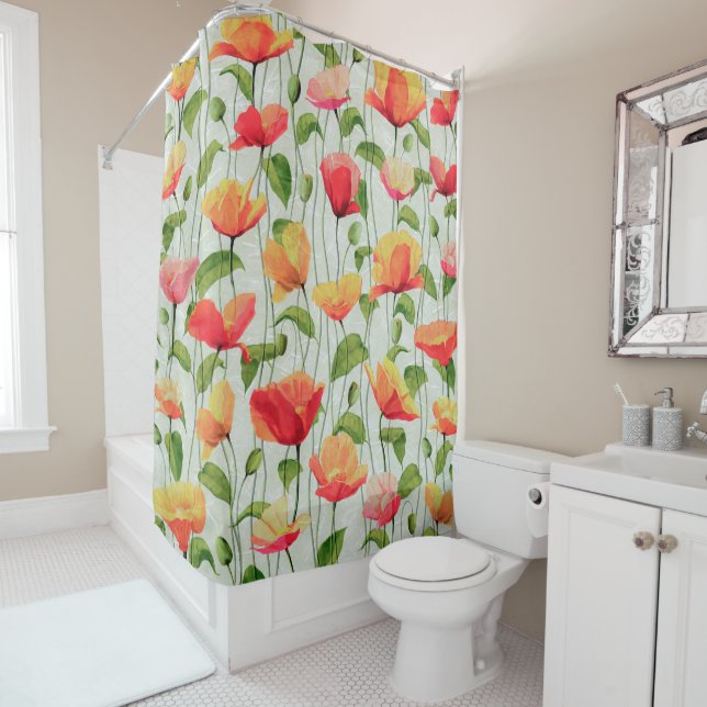 Rideaux De Douche Elégante aquarelle rouge rose et jaune| (En situation)