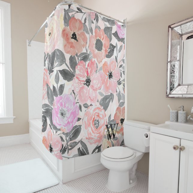 Rideaux De Douche Elégante aquarelle simple florale (En situation)