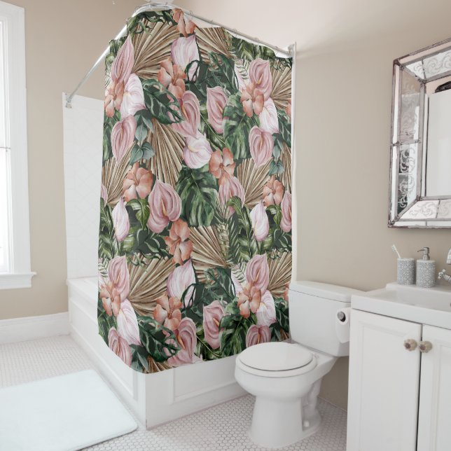 Rideaux De Douche Elégante aquarelle Tropical rose-vert (En situation)