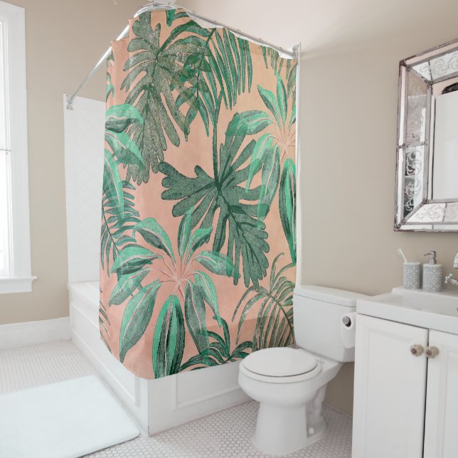 Rideaux De Douche Elégante aquarelle tropicale Feuille | (En situation)