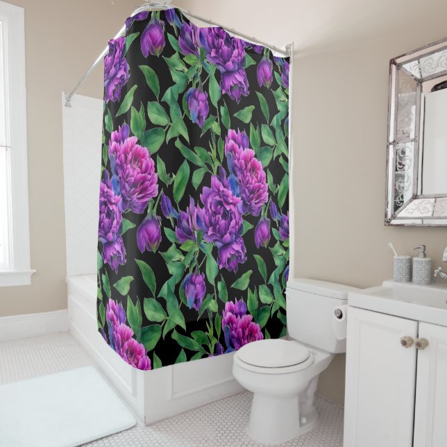 Rideaux De Douche Élégante couleur magenta violet fleurs (En situation)