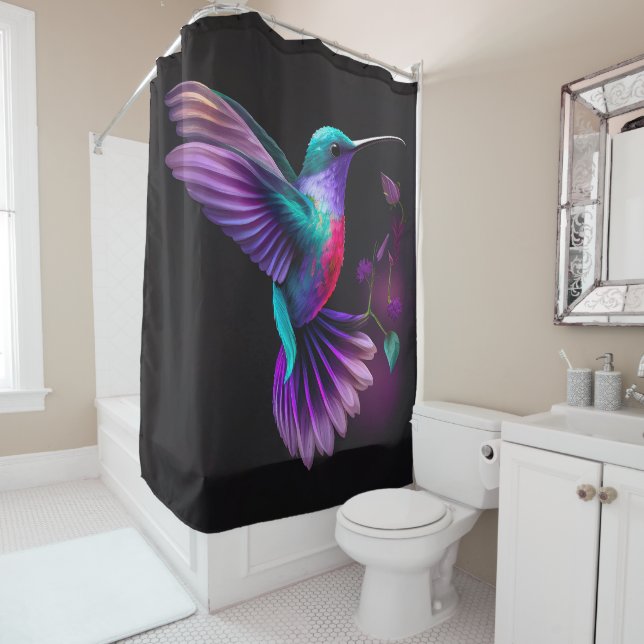 Rideaux De Douche Élégante oeuvre Turquoise couleur pourpre de colib (En situation)