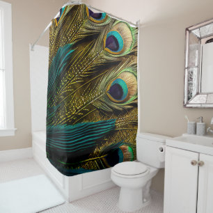 Rideaux De Douche Elégante Turquoise Abstraite  Plumes Peacock Or  