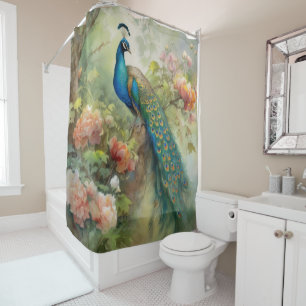 Rideaux De Douche Élégantes fleurs bleues vertes paon rose vintage 