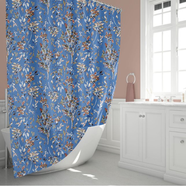 Rideaux De Douche Elégants Feuilles Et Berries Bleu Aquarelle Floral (Elegant Leaves And Berries Blue Watercolor Floral Shower Curtain from Studio Posies.)