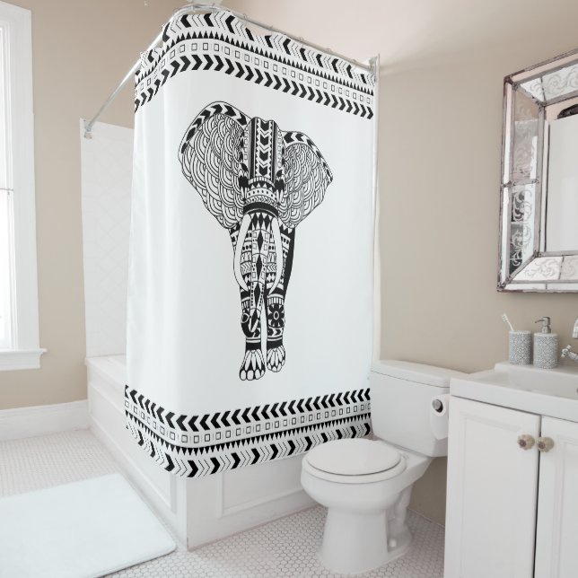 Rideaux De Douche Éléphant de Bohème noir et blanc (En situation)