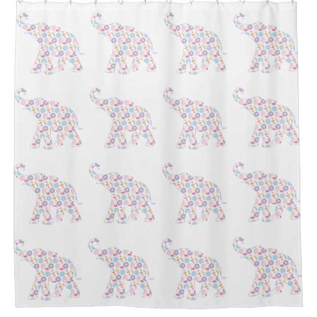 Rideaux De Douche Eléphants Aquarelle Fleur Motif Blanc Moderne (Devant)