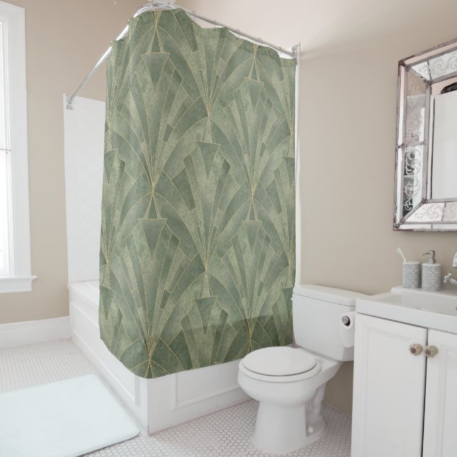 Rideaux De Douche Emerald Green et Gold Art déco Motif (En situation)