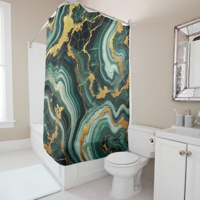 Rideaux De Douche Emerald Green & Gold Marble Look Mariage Glam (En situation)